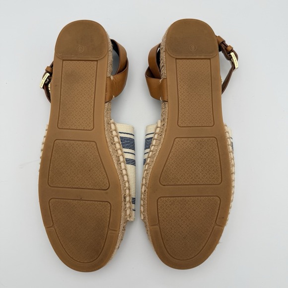 Tory Burch Espadrille Sandals Blue Ivory Striped Leather Ankle Strap Jute Size 8 - Picture 13 of 13